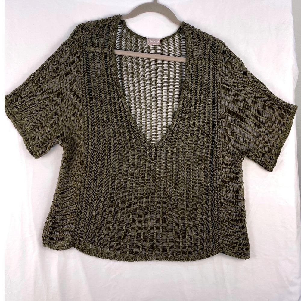 Chicos Womens Olive Green Open Knit V-Neck Short Sleeve Sweater Beach Coverup